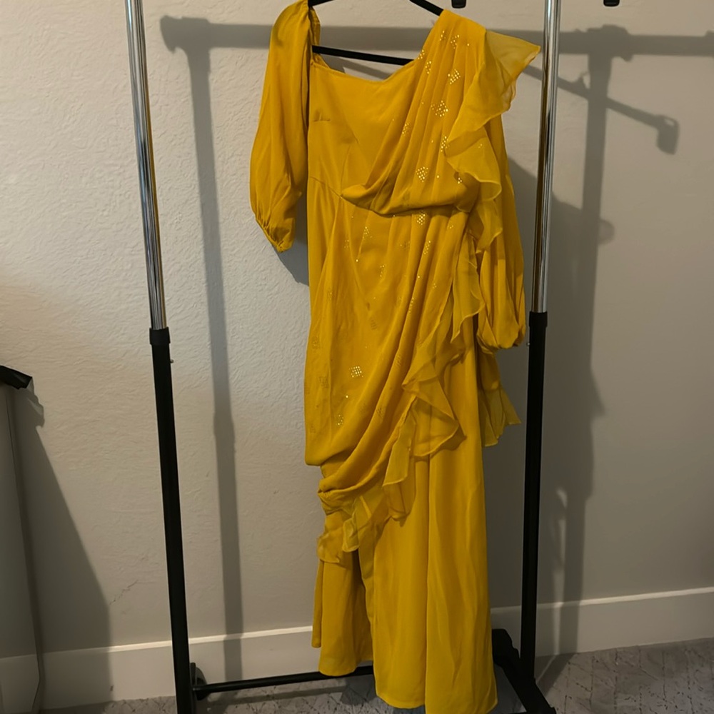 Mustard Belted Kurta with Attached Organza Dupatta.